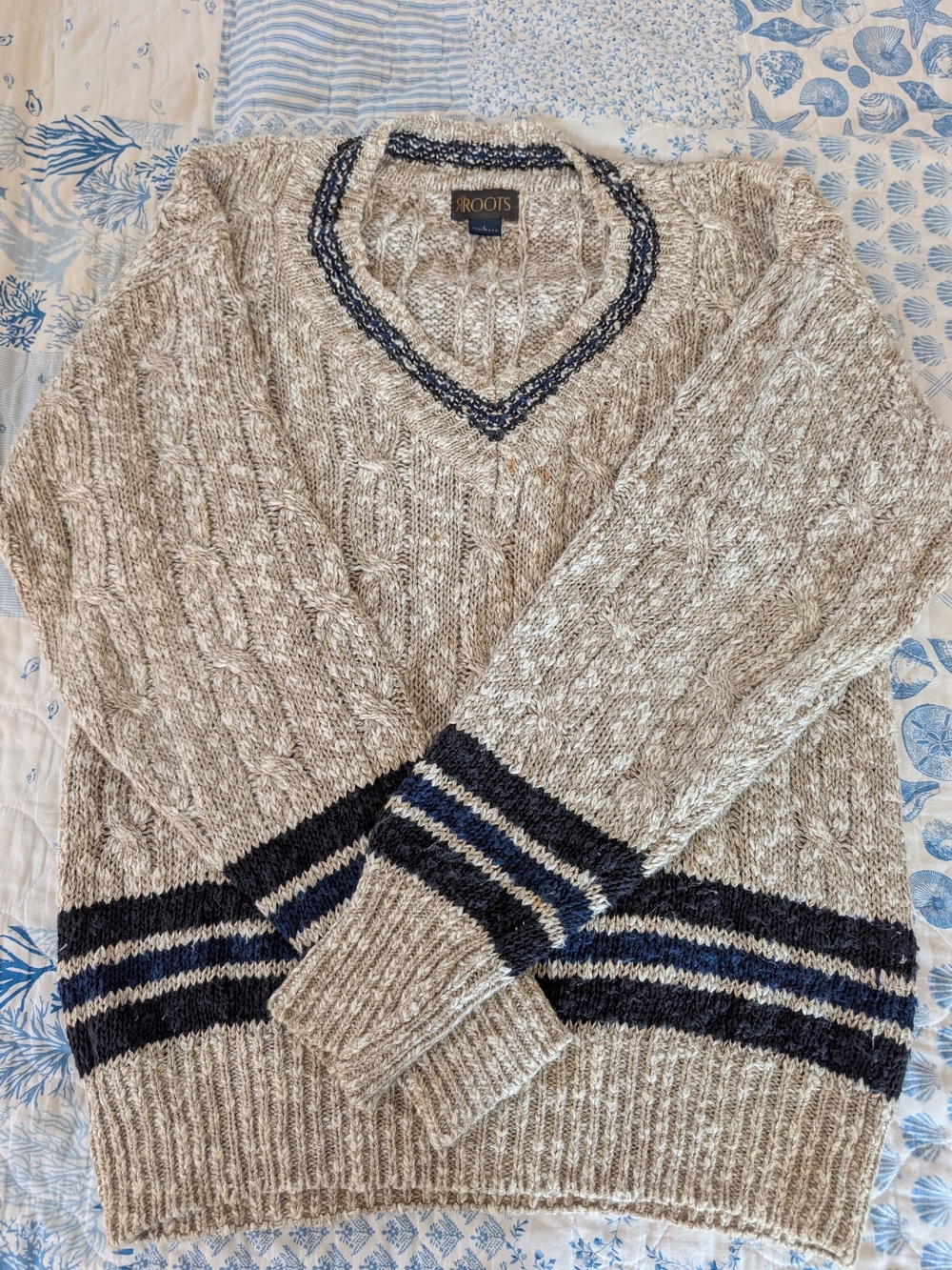 Vintage Roots Men's Cable Knit V-Neck Sweater - Beige with Navy Trim
